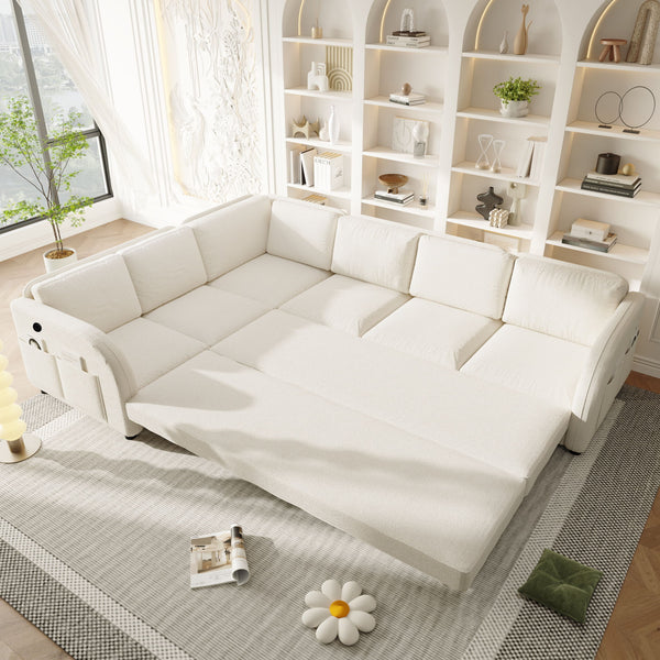 L-Shaped Couch With Pull-Out Bed, Convertible Sleeper Sofa With Side Pocket & USB Port