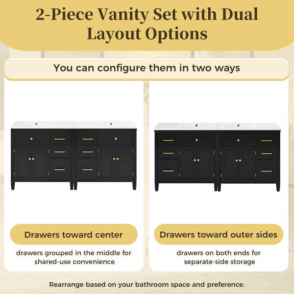 2 Piece Freestanding Bathroom Vanity Set With Sink Top, Reversible Dual Layout