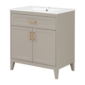 30" Bathroom Vanity With Sink Top, Soft Close Double Doors & Tip Out Drawer, Adjustable Interior Shelf, Door Mounted Organizers - Beige
