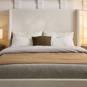 Caron - King Size Upholstered Wingback Bed With High Headboard - Ivory