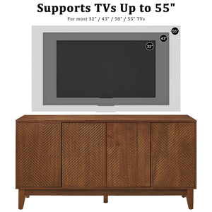 TV Stand With Carved Geometric Doors Storage Cabinet, 4 Door Media Console For Living Room - Walnut