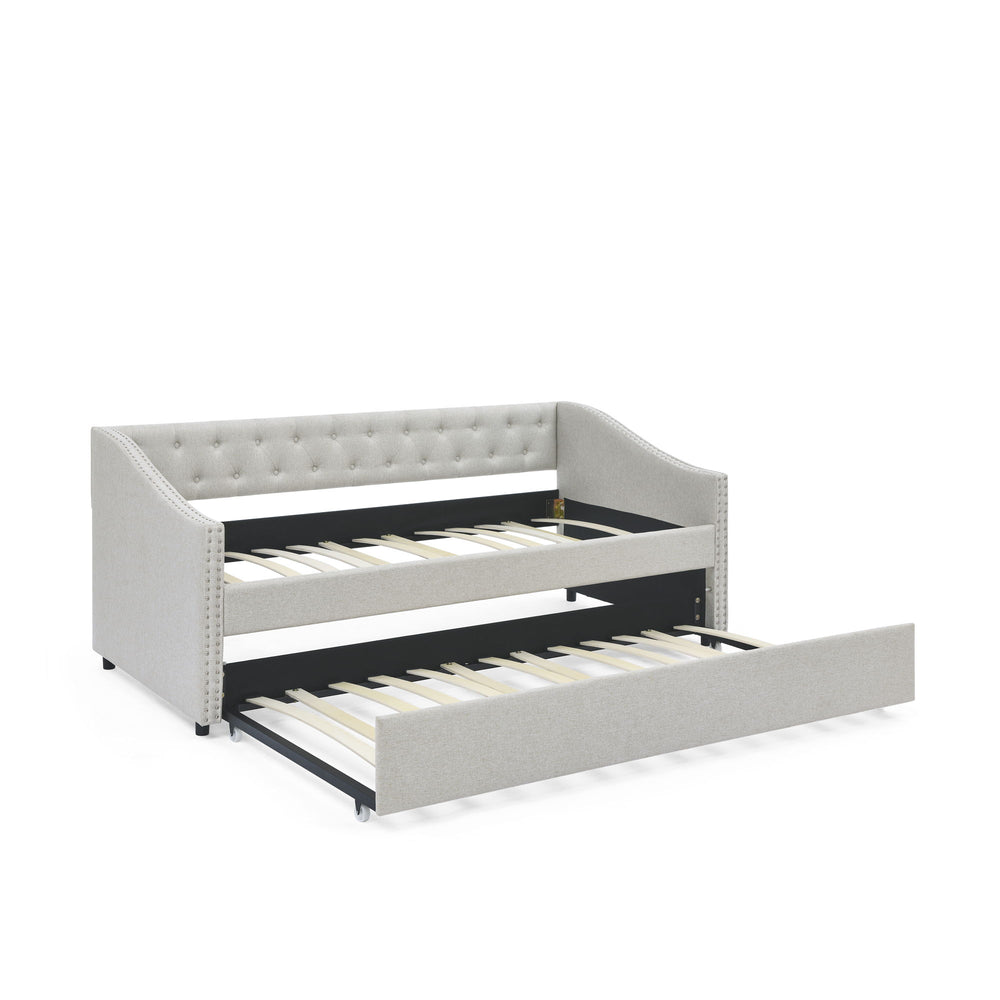 Upholstered Tufted Daybed With Drawers, Waved Arms