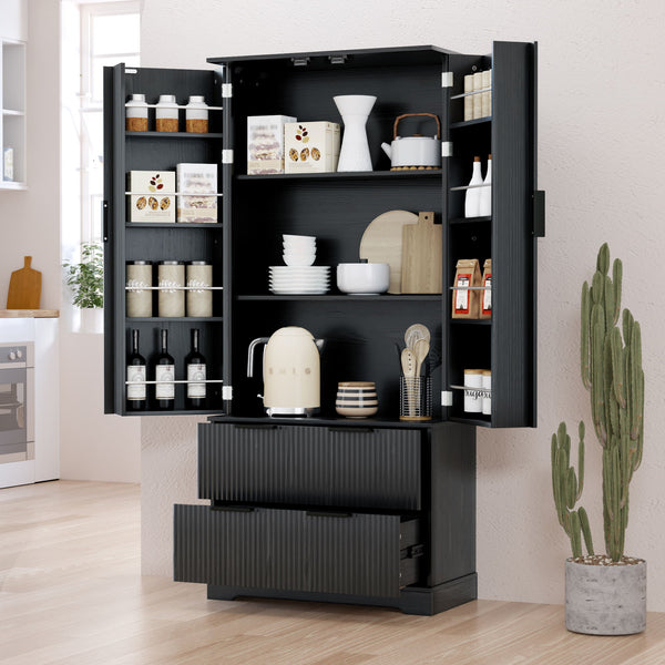 Fluted Kitchen Pantry Cabinet With 2 Large Drawers & 8 Door Spice Rack Freestanding Storage Organizer - Black