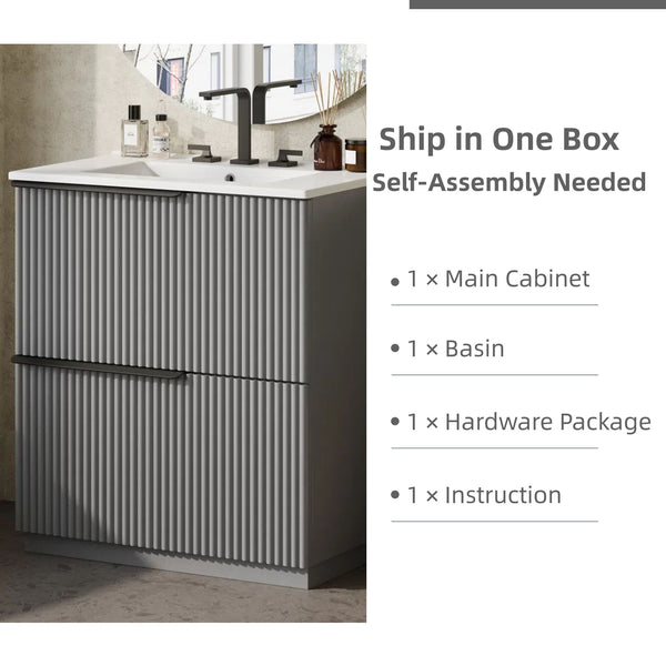 Fluted Bathroom Vanity With Ceramic Sink, Freestanding Cabinet