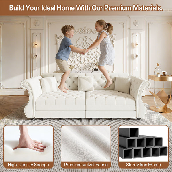 Oversized Chesterfield Pull Out Sofa Bed, Roll Arm Couch With Flower Tufting For Living Room