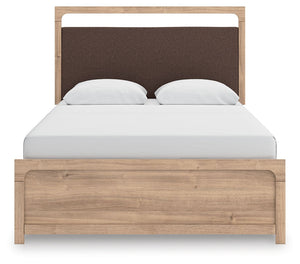 Kinlanni - 3 Pc. - Queen Upholstered Panel Bed, Dresser And Mirror - Tan