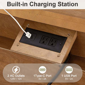 Nightstand With Charging Station, 3 Drawer Bedside Table - Natural Wood