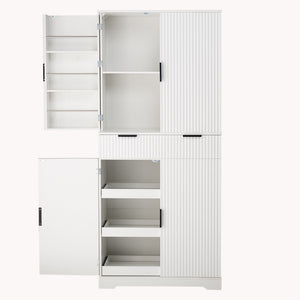 Fluted Kitchen Pantry Cabinet With 3 Keyboard Drawers & 6 Adjustable Door Shelves