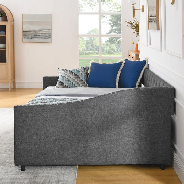Full Size Upholstered Daybed With Tufted Back And Nail Trimmed Waved Arms - Dark Gray