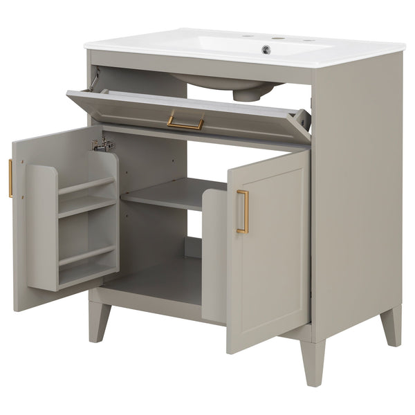 30" Bathroom Vanity With Sink Top, Soft Close Double Doors & Tip Out Drawer, Adjustable Interior Shelf, Door Mounted Organizers - Beige