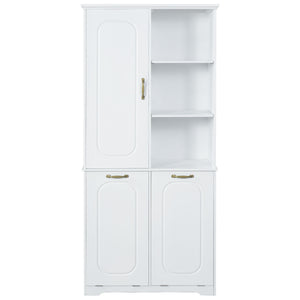 Freestanding Tall Storage Cabinet With 2 Tilt Out Hampers, Adjustable Shelves, Soft Close Door, Door Mounted Organizer - White