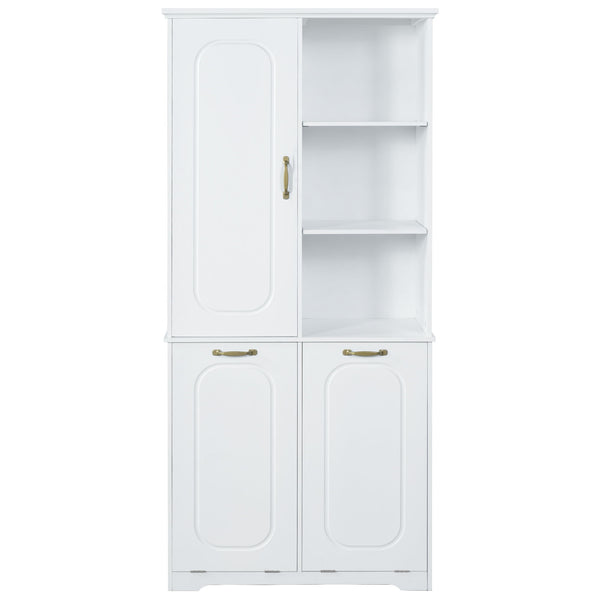 Freestanding Tall Storage Cabinet With 2 Tilt Out Hampers, Adjustable Shelves, Soft Close Door, Door Mounted Organizer - White