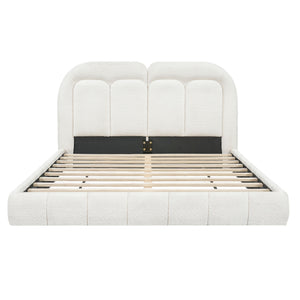 Queen Size Upholstered Platform Bed With Tufted Headboard - White