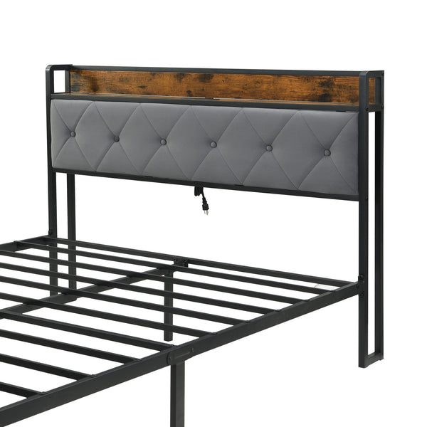 Modern Bed Frame With LED Lights, Upholstered Headboard, USB Charging