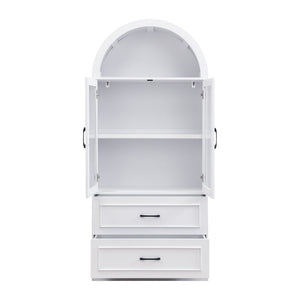 Arched Top Storage Cabinet With Fixed 2 Tier Shelves, 2 Large Drawers