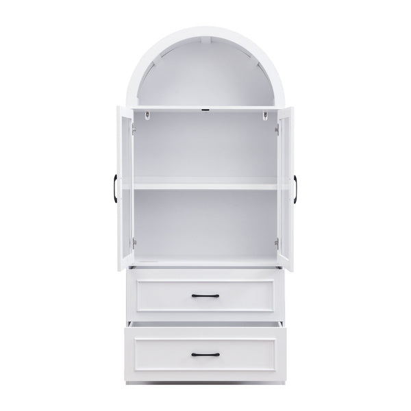 Arched Top Storage Cabinet With Fixed 2 Tier Shelves, 2 Large Drawers