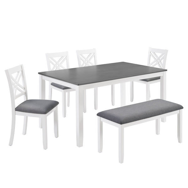 6 Piece Kitchen Dining Set, Rectangular Dining Table With 4 Upholstered Chairs And Bench - Gray / White