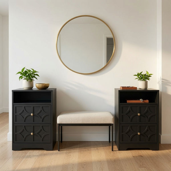 Nightstand With Diamond Carvings Handles, 2 Drawers & Charging Station