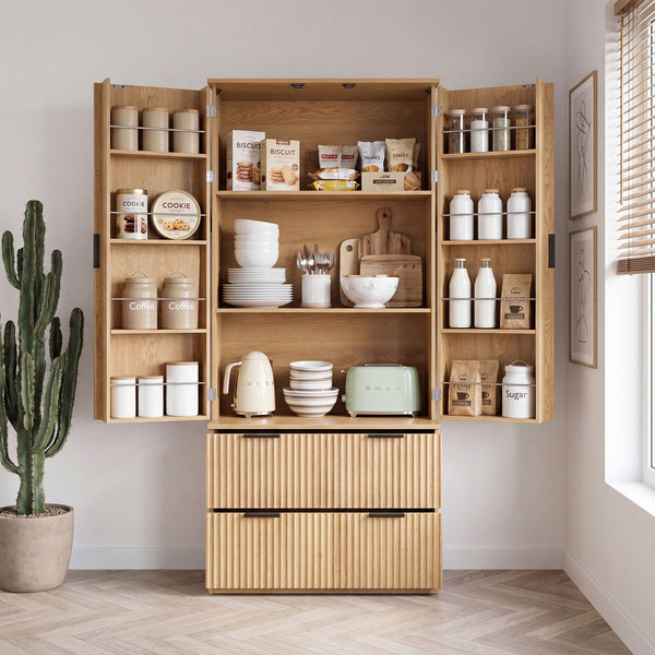 Fluted Kitchen Pantry Cabinet With 2 Large Drawers & 8 Door Spice Rack Freestanding Storage Organizer - Oak