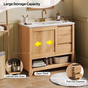 36" Bathroom Vanity With Sink, Soft Close Drawers - Natural
