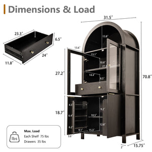 Fluted Tall Arched Pantry Cabinet With Adjustable Shelves, Glass Door & Hidden Drawer For Kitchen
