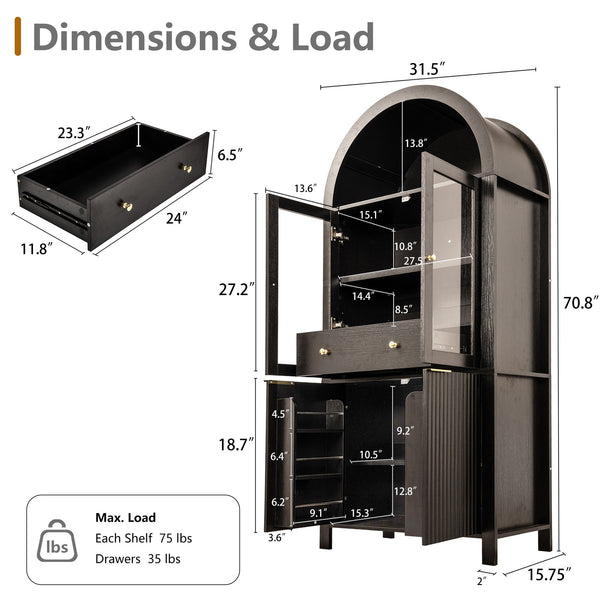 Fluted Tall Arched Pantry Cabinet With Adjustable Shelves, Glass Door & Hidden Drawer For Kitchen