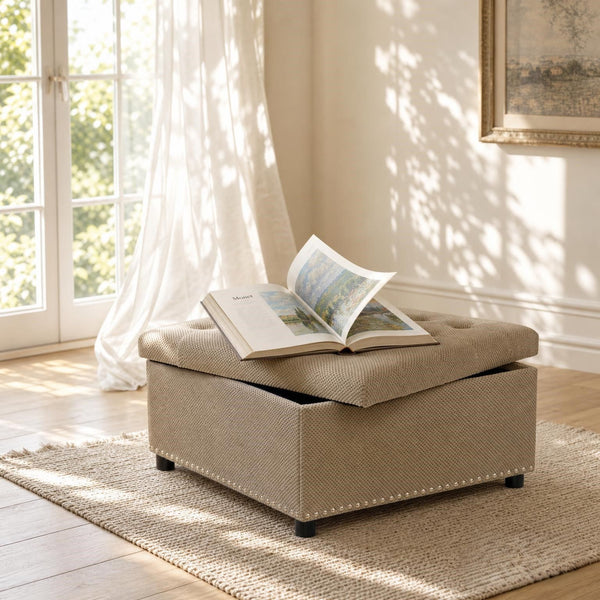 Square Tufted Storage Ottoman With Nailhead Trim