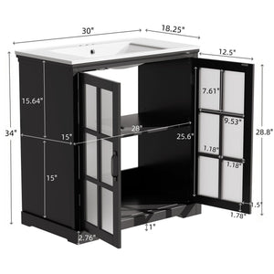 Modern Bathroom Vanity With Ceramic Sink, Tempered Blurred Glass Doors