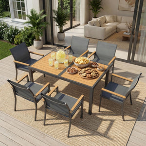 7 Piece Gray Aluminum Patio Dining Set With Textilene Chairs For Outdoor Living Frame With Accents, 59" Rectangle Table, All Weather Durable