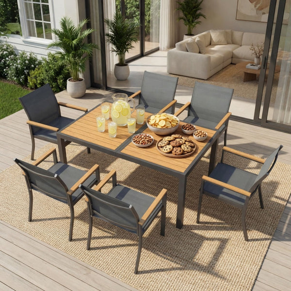 7 Piece Gray Aluminum Patio Dining Set With Textilene Chairs For Outdoor Living Frame With Accents, 59" Rectangle Table, All Weather Durable