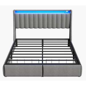 Upholstered Platform Bed Frame With RGB LED Lights, Charging Station & 2 Underbed Drawers