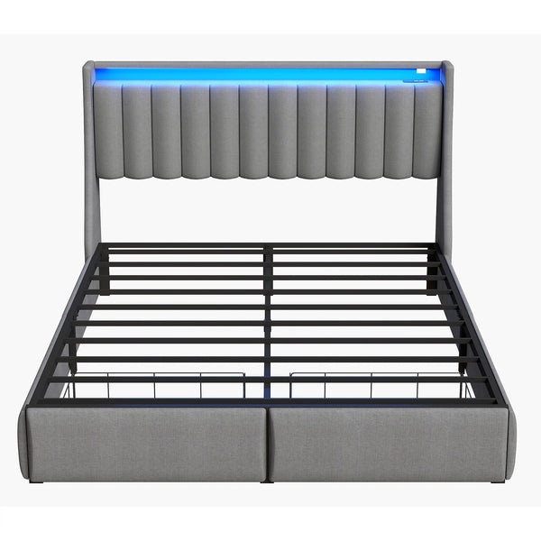 Upholstered Platform Bed Frame With RGB LED Lights, Charging Station & 2 Underbed Drawers