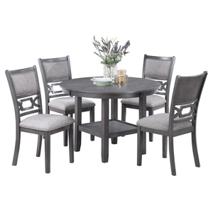 5 Piece Dining Set With Storage Shelves Round Table And Upholstered Side Chairs - Gray