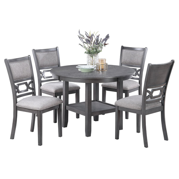 5 Piece Dining Set With Storage Shelves Round Table And Upholstered Side Chairs - Gray