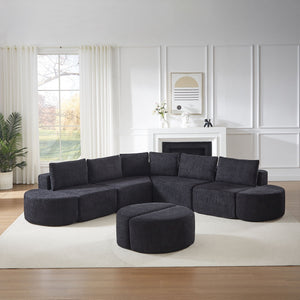 Modular Sectional Sofa With 6 Pillows And 4 Curved Footstools For Living Rooms - Black