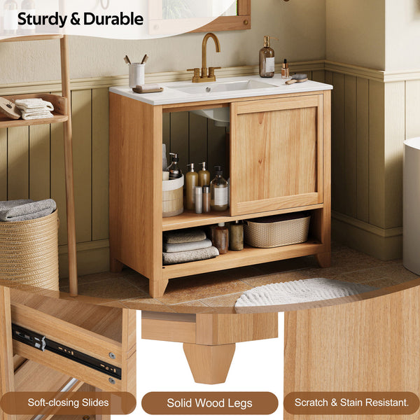 36" Bathroom Vanity With Sink, Soft Close Drawers - Natural