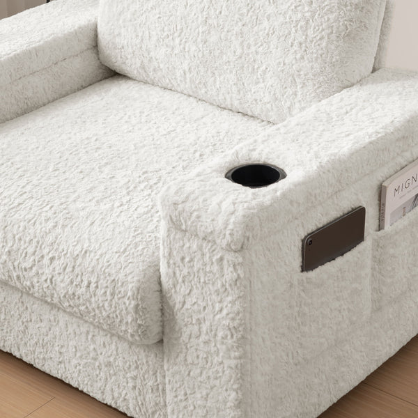 Oversized Chaise Lounge Indoor Rabbit Fur Sofa Bed With Storage Ottoman And Armrests Cup Holders With Deep Seat