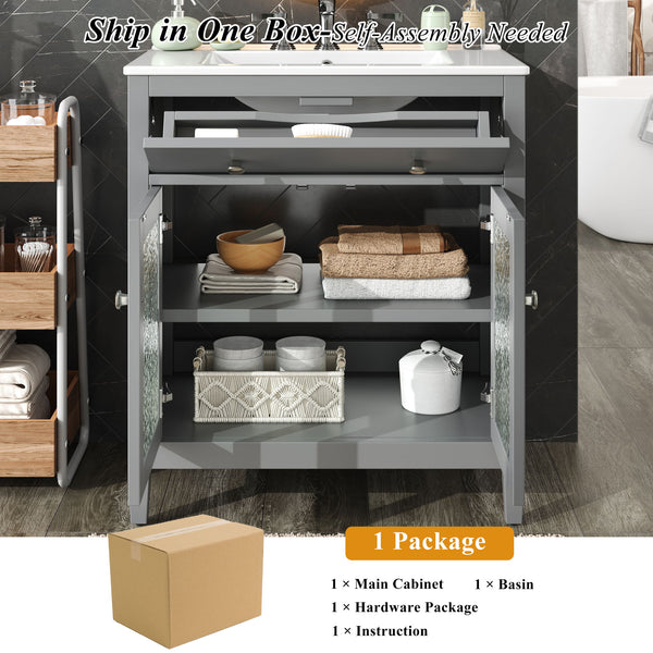 Bathroom Vanity With Ceramic Sink, Adjustable Shelf & Tip Out Tray