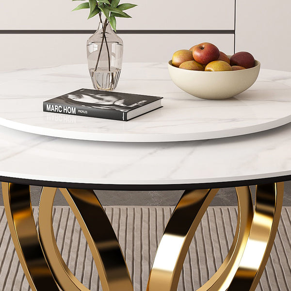 Round Dining Table With 360° Smooth Lazy Susan For Dining Room - Gold / Black / White