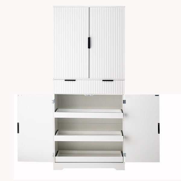 Fluted Kitchen Pantry Cabinet With 3 Keyboard Drawers & 6 Adjustable Door Shelves
