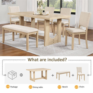 6 Piece Rectangular Kitchen Table Set With Bench And 4 Upholstered Chairs For Kitchen - Light Oak