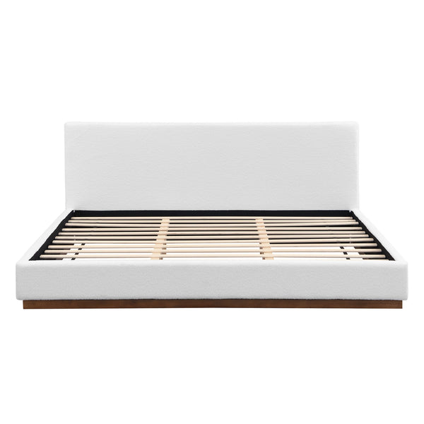 Elegant Boucle Upholstered Bed With Wood Grain Textured Solid Wood Base Frame