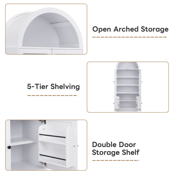 Tall Arched Top Storage Cabinet With 5 Tier Shelves, Soft Close Hinges