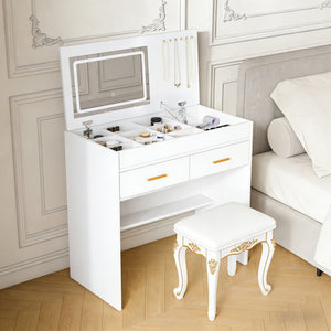 Flip Top Vanity Desk With LED Mirror & Outlet Makeup Table With 2 Drawers, Open Storage, And Jewelry Hooks - White