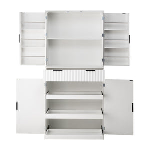 Fluted Kitchen Pantry Cabinet With 3 Keyboard Drawers & 6 Adjustable Door Shelves