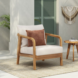Outdoor Lounge Chair With Woven Backrest, Solid Wood Frame, Comfortable Cushions