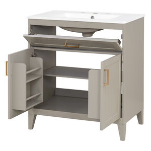 30" Bathroom Vanity With Sink Top, Soft Close Double Doors & Tip Out Drawer, Adjustable Interior Shelf, Door Mounted Organizers - Beige
