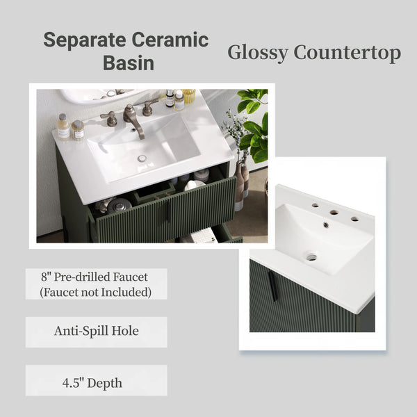 Bathroom Vanity With Ceramic Sink, Fluted Design