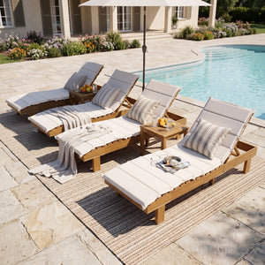 Chaise Lounge With Multi Fold Cushion, 3 Position Adjustable Backrest For Patio - Beige / Teak