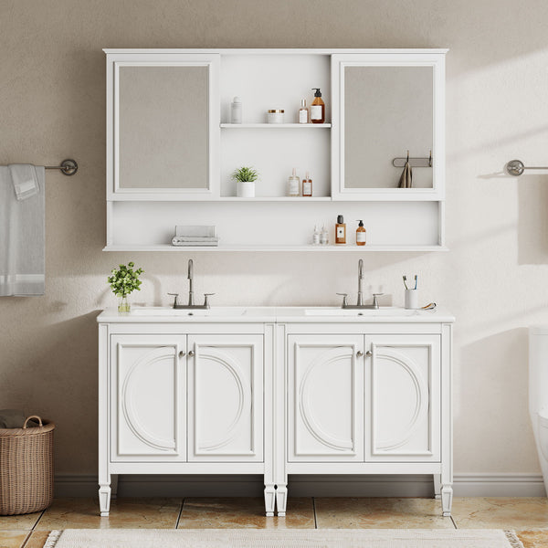 Double Sink Bathroom Vanity Set With Wall Mount Mirror Cabinet